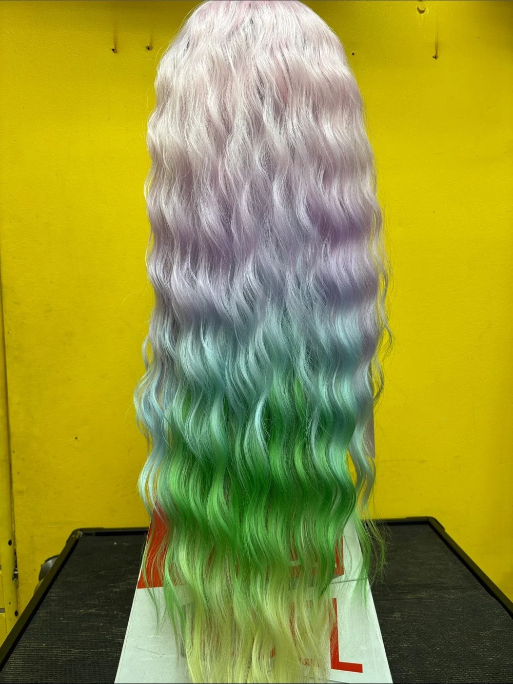 Pastel Rainbow Ombre Wavy Women’s Hairpiece Green & Lilac Pre-cut Synthetic Wig